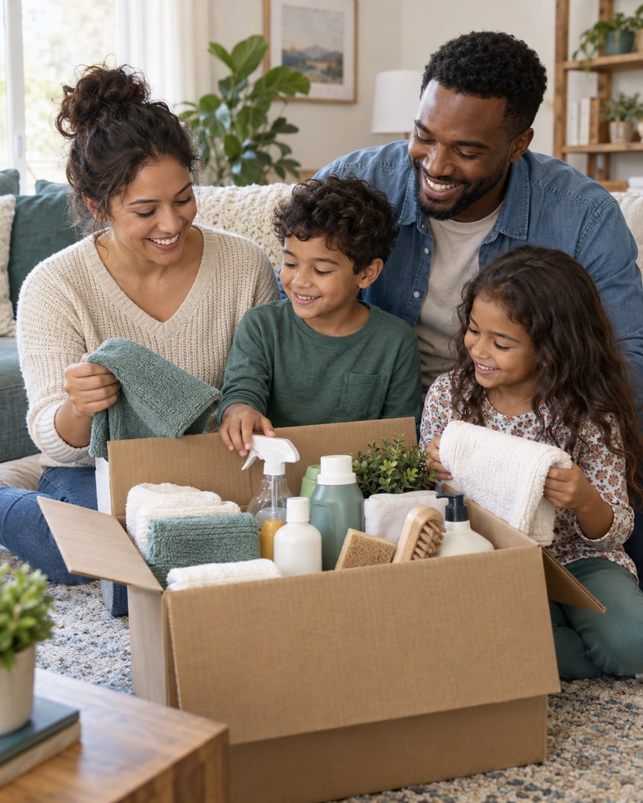 A family unpacking household care supplies