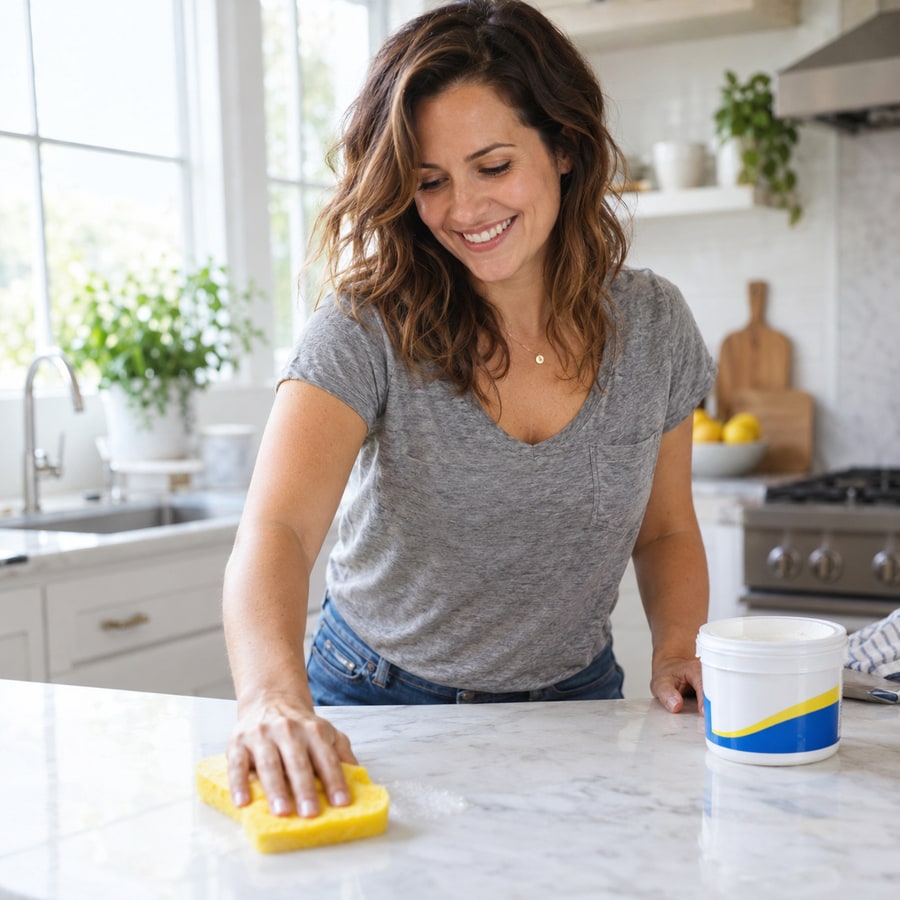 Woman cleaning a kitchen countertop