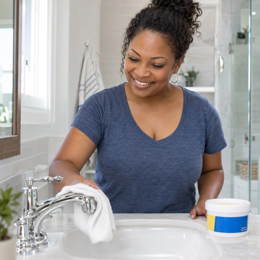 Woman cleaning bathroom fixtures