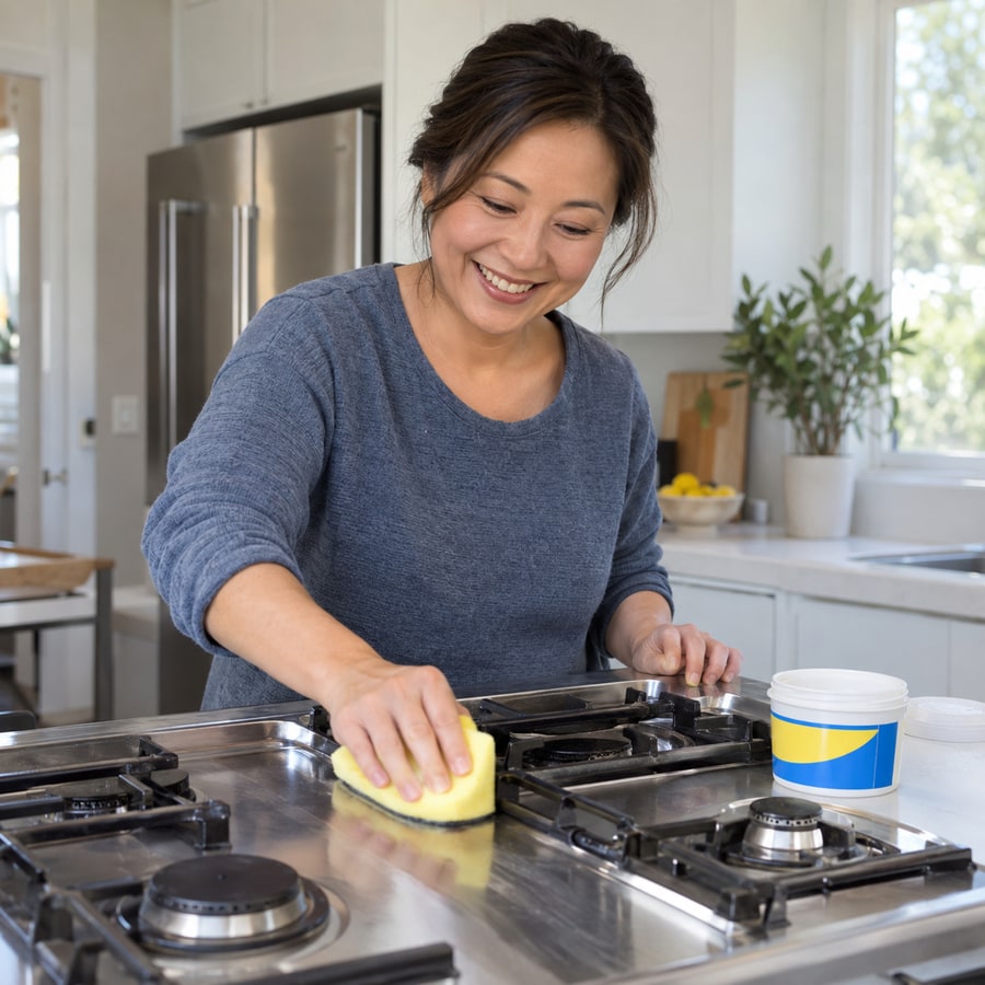 Woman cleaning a stovetop